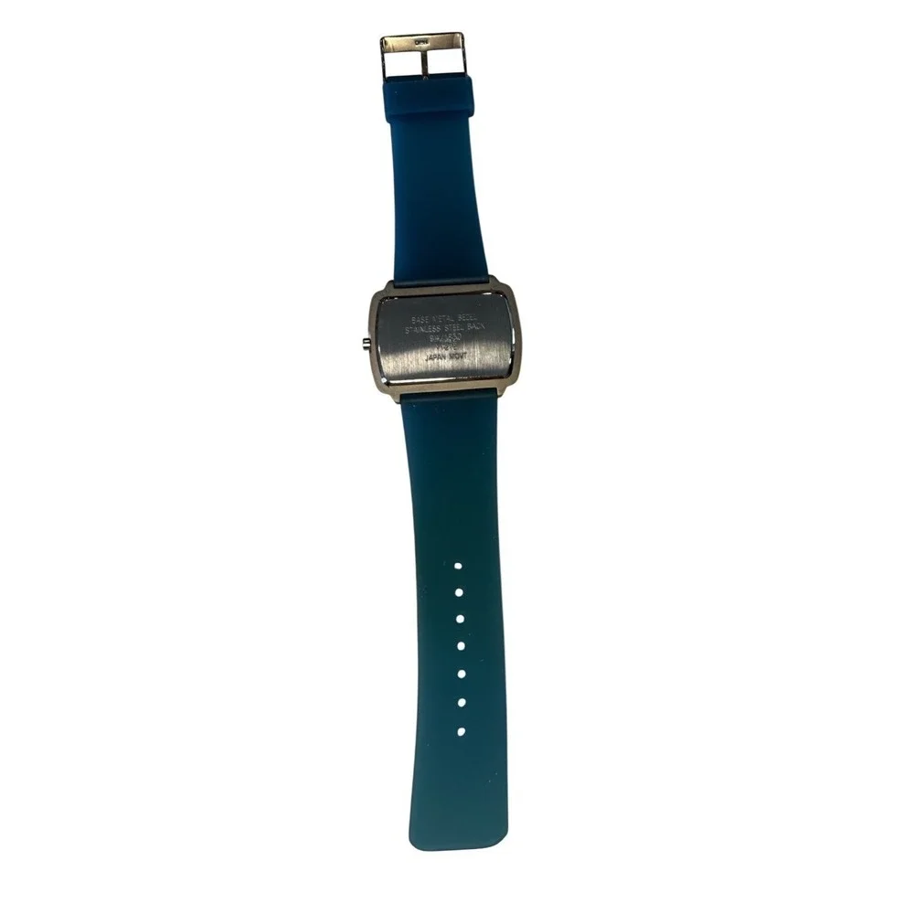 Nine West Watch Womens OS Blue Silver Rectangular Dial Silicone Band Bold Modern